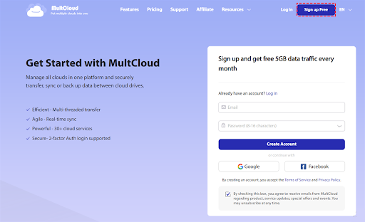 Step 1: Create an account on MultCloud for free. Alternatively, signing in with your Facebook or Google account is feasible.