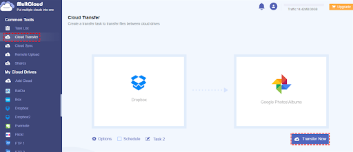 Step 3: Press the Cloud Transfer button under the Common Tools section, and hit the first square to select Dropbox and the second square to select Google Photos. Next, press the Transfer Now tab.