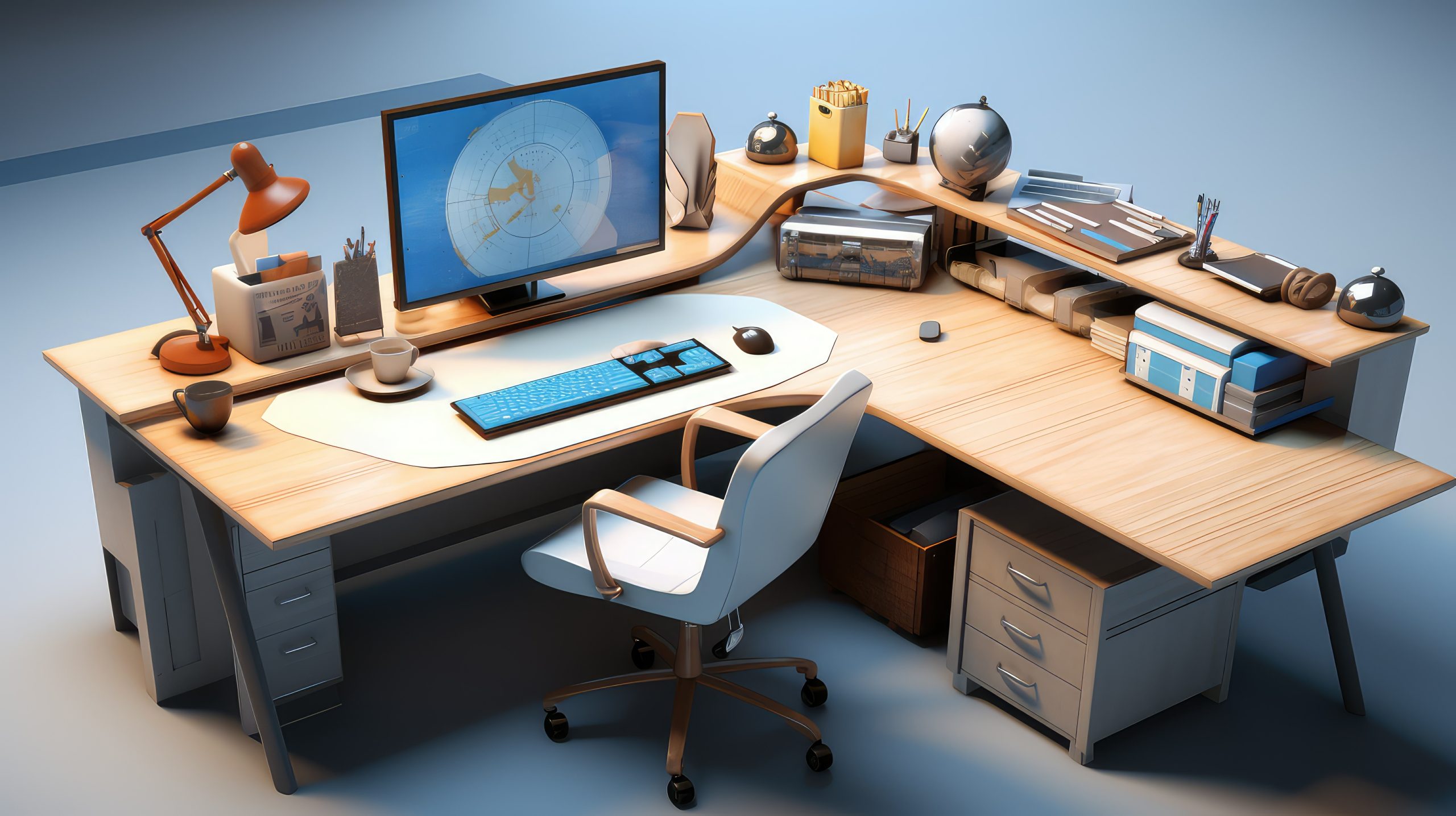 An L shaped desk offers the smart solution for anyone with the room necessary to multitask, plan, or be creative without sacrificing floor space. Its curved design allows ample working space without keeping it all out of reach.