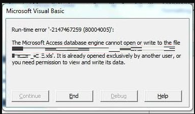 Microsoft Access runtime error 2147467259, database engine cannot open or write to file due to exclusive access or permission issues.